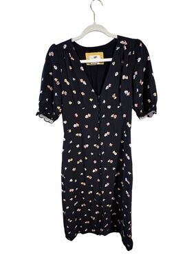 Anthro Black Floral Midi Dress Size 2 Button Front Puff Sleeve Cottage